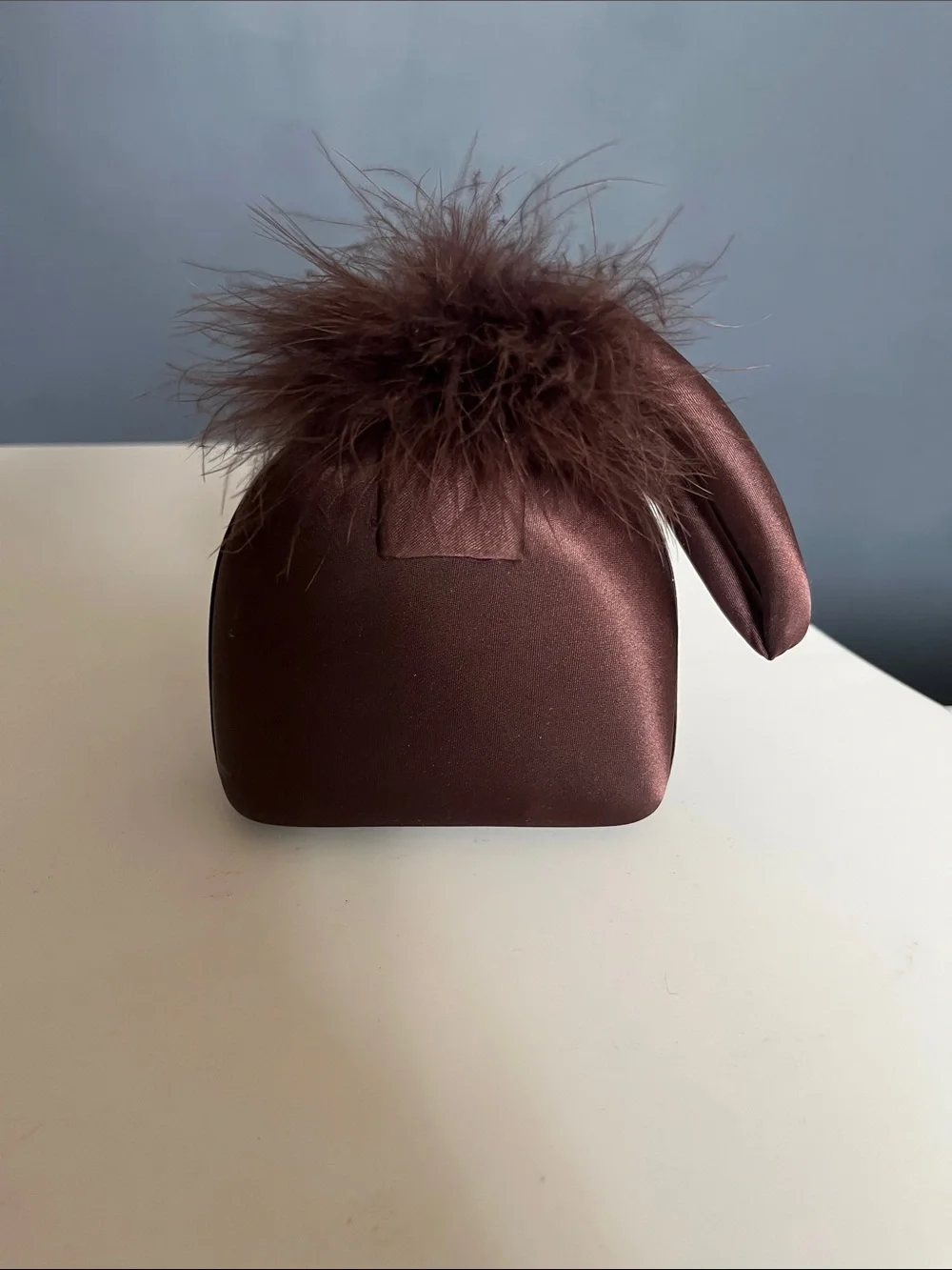 Cache Brown Satin Minaudière clutch with Feather Pom
